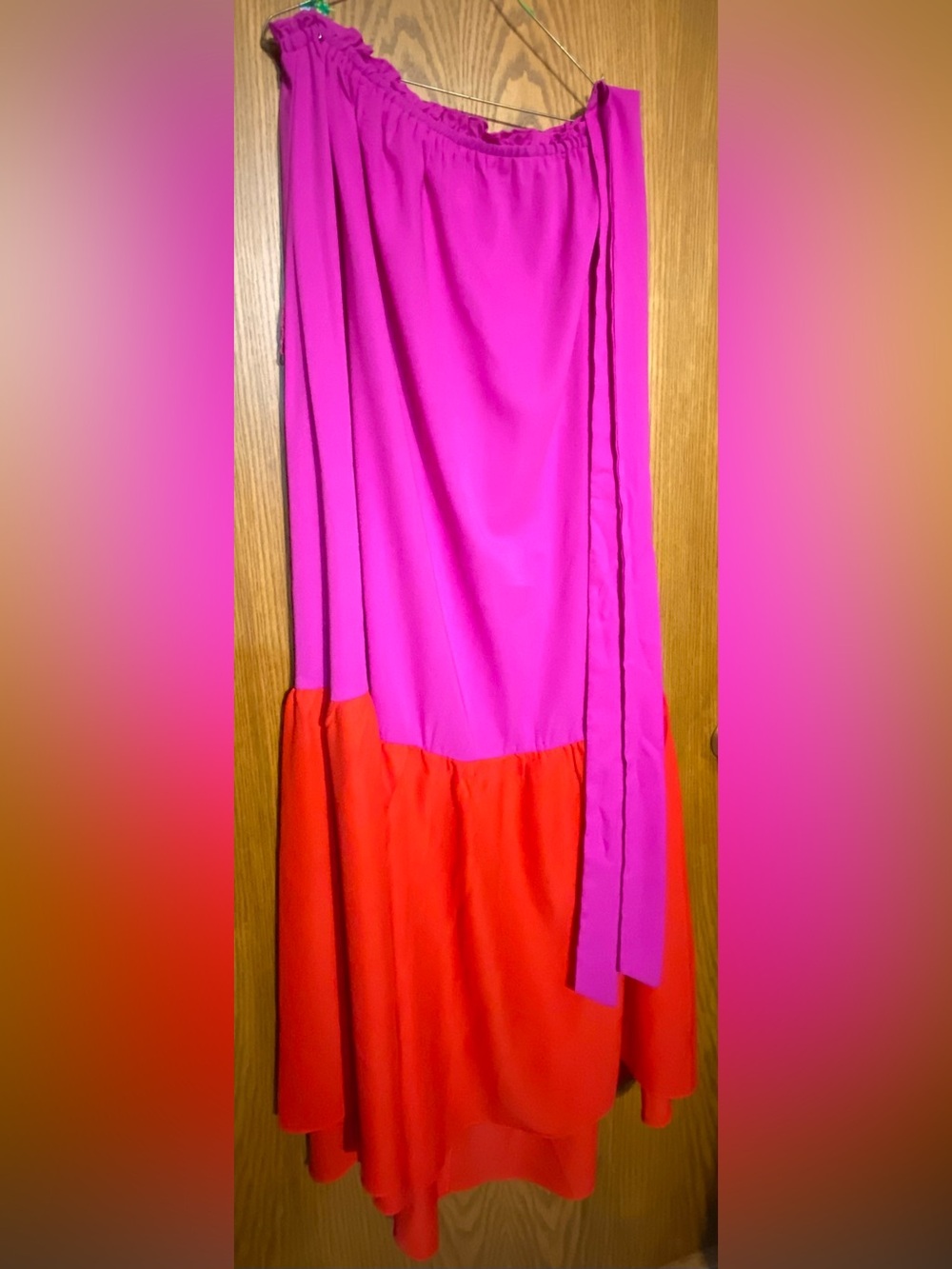 glam Two-Tone Pink and Red Strapless Maxi Dress with Belt